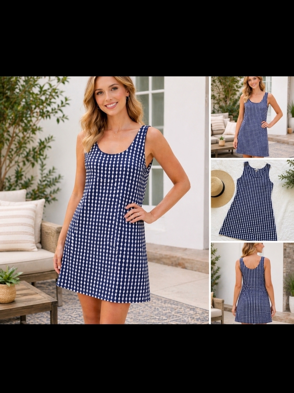 Navy & White Boden Geometric Shift Dress Size 12 Medium Cotton Summer Vacation